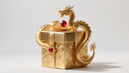 Golden dragon gift box with red gemstones isolated on white background  full hd 4k download