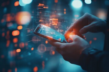 Close-up of hands using smartphone with digital interface.