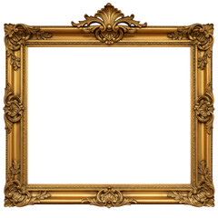 Ornate gold picture frame with vintage design isolated on a black background