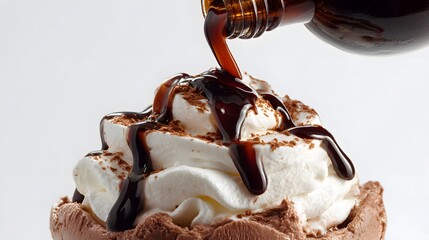 Chocolate sundae dessert with whipped cream and syrup being poured delicious food photography