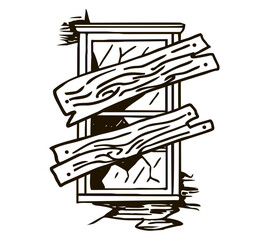 Broken and boarded up window sketch. Abandoned house window. Concept symbol, hand drawn illustration isolated on a white background