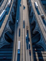 Freight trucks on busy highway overpasses under clear blue sky