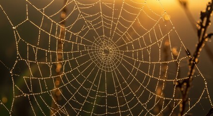 Close-up Dew-Kissed Spiderweb at Sunrise