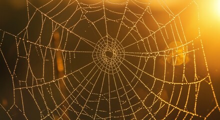 Close-Up of Dew-Covered Spiderweb at Sunrise