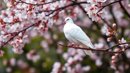 Fototapeta premium Peaceful spring scene with a white dove perched on a blossoming branch with pink flowers. Serene, symbolic, and beautiful nature.