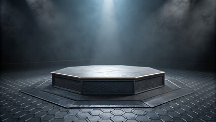 Dark Octagonal Pedestal in Futuristic Setting with Spotlights and Smoke