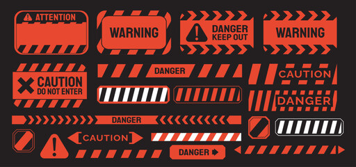 Warning vector signs. Attention sign, warning sign, caution sign, danger sign. Exclamation mark. Yellow warning caution sign text space area message box sticker label object goods commodity. Dangerous