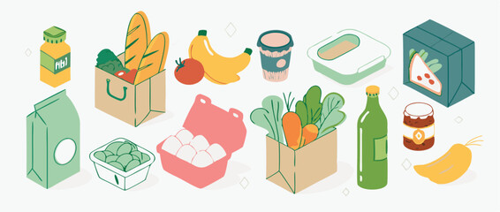 Grocery food in supermarket packages. Vegetables, eggs, meat, bread, pasta and other groceries, goods. Healthy eating concept