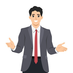 Man in a business suit uses open hand gestures, appearing to explain or present something. Flat Vector character illustration
