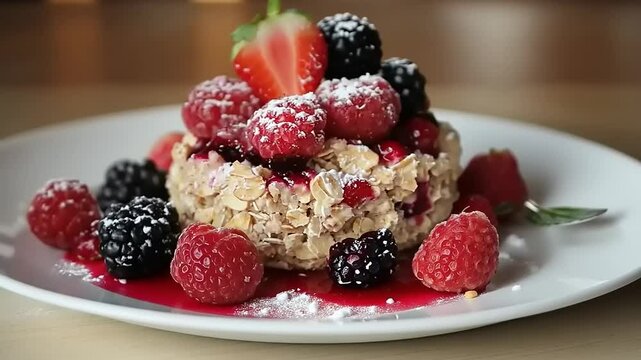 Delicious dessert featuring a layered oat cake topped with fresh berries and strawberry garnish