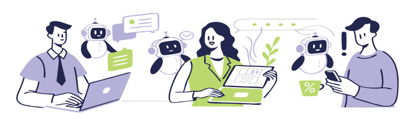 
AI technology set. Characters using artificial intelligence generative tools for business tasks, content creation, marketing, automation