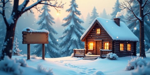 Fototapeta premium A cozy wooden cabin nestled in a snow covered winter wonderland, a blank wooden signpost stands invitingly nearby, awaiting a message of welcome or adventure.