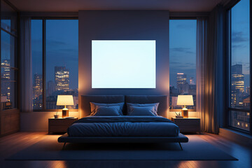 Fototapeta premium modern bedroom with big blank poster hanging on snow-white wall. The room is tastefully furnished in minimalist style,