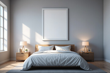 modern bedroom with big blank poster hanging on snow-white wall. The room is tastefully furnished in minimalist style,