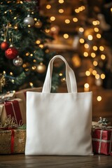 Elegant White Tote Bag in Festive Holiday Setting with Gifts