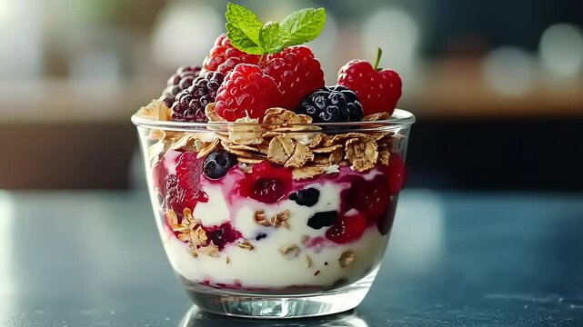 Delicious layered yogurt parfait with mixed berries and granola, set in a cozy kitchen background