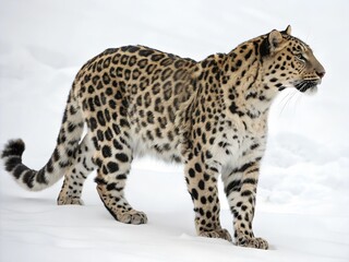 Fototapeta premium Spotted leopard isolated on snow background. A leopard is walking through the snow. The snow is white and the leopard is brown.