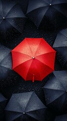 Distinctive red umbrella surrounded by dark umbrellas illustrating uniqueness