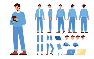 Business man character constructor for animation. Front, side and back view set. Body parts, postures, poses collection. Vector 