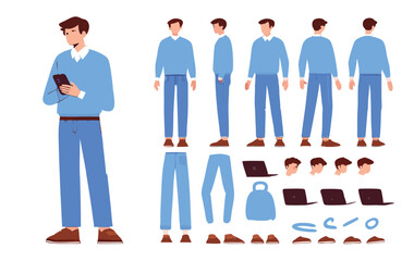 Business man character constructor for animation. Front, side and back view set. Body parts, postures, poses collection. Vector 