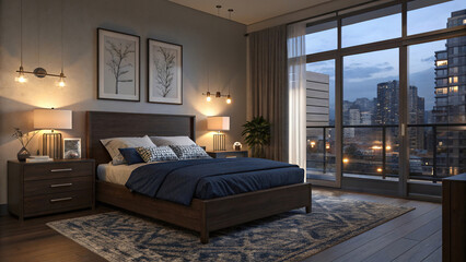 modern bedroom with big blank poster hanging on snow-white wall. The room is tastefully furnished in minimalist style,