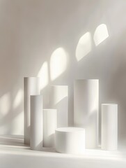 Minimalist white cylindrical and rectangular forms arranged on a light background, illuminated by soft, dappled sunlight casting shadows