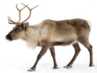 Obraz premium Reindeer isolated on white background. A reindeer with antlers is walking through the snow. Concept of wilderness and the beauty of nature.