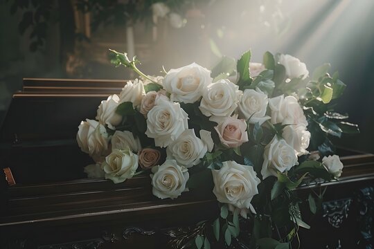 Funeral Casket Adorned with White Roses in Sunlight, Bereavement, Grief, Remembrance