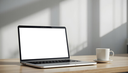 Fototapeta premium Laptop with Blank Screen on Wooden Desk, Sunlight Streaming Through Window