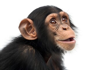 Naklejka premium Young chimpanzee isolated on white background. A baby monkey is sitting on its back legs and looking at the camera. The young monkey seems to be observing its surroundings with interest.