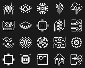 A simple set of abstract electronic vector line icons. Contains icons such as Spider Bot, Chip, Circuit, Abstract Electronic Module and more white