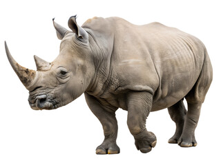 Obraz premium Rhino animal isolated on transparent background. A rhino with a large horn is standing on a transparent background.