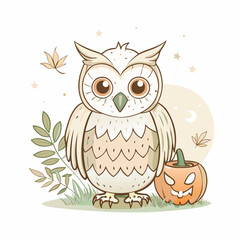 Fototapeta premium Cute Owl and Pumpkin Vector Icon for Autumn Season