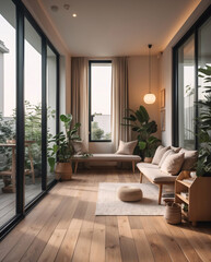 Fototapeta premium wooden furniture guest room in minimalist villa earth tone bed and couch nature view peaceful light restful atmosphere warm cozy modern interior villa Interior design