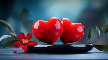 there are two red hearts sitting on top of a black plate with a flower