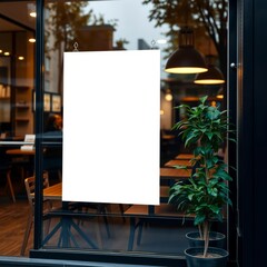 Poster promotion design mockup vertical empty white blank paper advertising banner frame template mock up displayed on the front of cafe bar restaurant or coffee shop window glass billboard blank mock