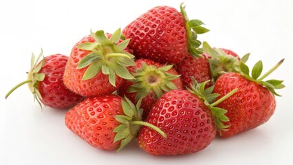 Fresh strawberries stacked together, showcasing vibrant red color and green leaves.