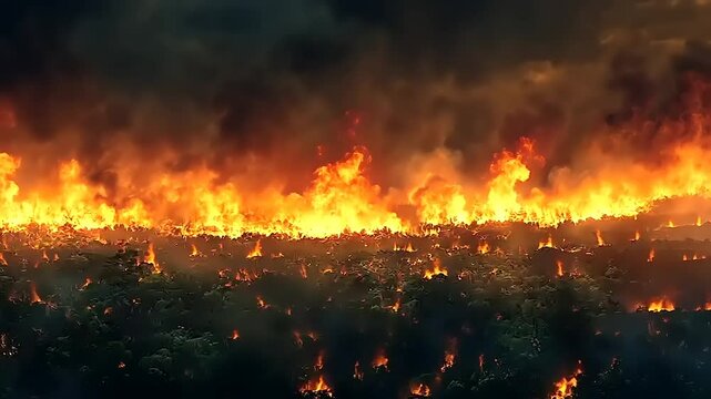 Dramatic forest fire consuming trees, with smoke billowing into the sky, creating a tense atmosphere