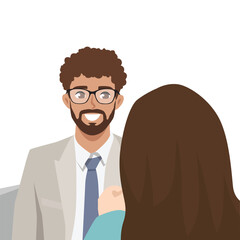 Smiling man in a suit engages in conversation with a woman, creating a professional atmosphere. Flat Vector character illustration