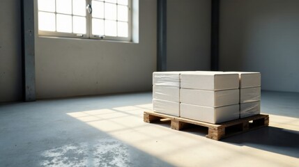 A pallet of wrapped building blocks rests in a sunlit, unfinished interior space
