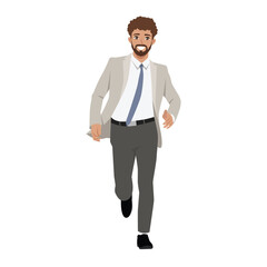Businessman in a suit and blue tie runs forward energetically, portraying motivation and urgency. Flat Vector character illustration