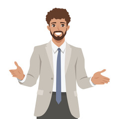 Man in business suit uses open hand gestures, appearing to explain or present something. Flat Vector character illustration