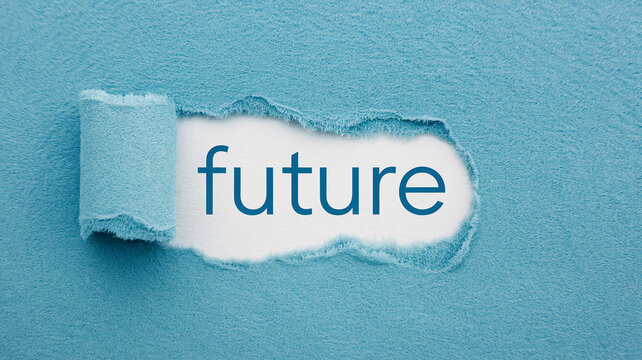 Torn blue paper reveals the word "future" in dark blue, symbolizing anticipation and unveiling what's to come, perfect for planning or progress concepts