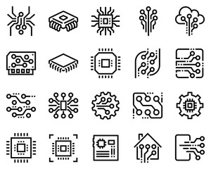 Fototapeta premium A simple set of abstract electronic vector line icons. Contains icons such as Spider Bot, Chip, Circuit, Abstract Electronic Module and more black