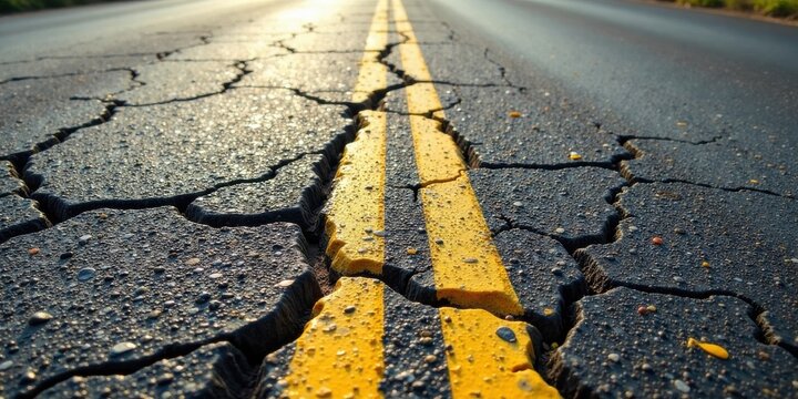 A cracked asphalt road surface with double yellow lines, showing the effects of wear and tear on infrastructure, a symbolic representation of challenges and resilience