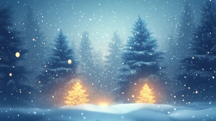 Fototapeta premium Snowy winter scene with illuminated Christmas trees and falling snow. Evergreen trees covered with snow in a forest, creating a festive and serene atmosphere.