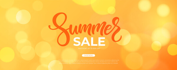 Summer Sale promotional banner. Summertime commercial blurred background with bokeh lights and hand lettering for business, seasonal shopping promotion and sale advertising. Vector illustration.
