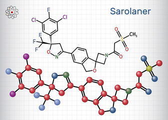 Sarolaner molecule, a veterinary medicine ectoparasiticide, used to treat fleas and ticks in dogs. Sheet of paper in a cage. Scientific vector