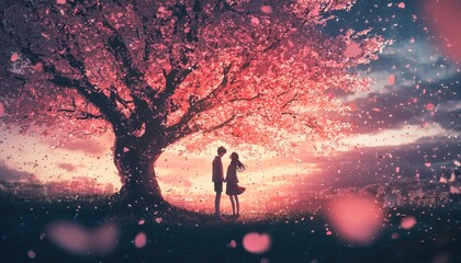 Fototapeta premium Romantic couple beneath a blossoming cherry tree at sunset.