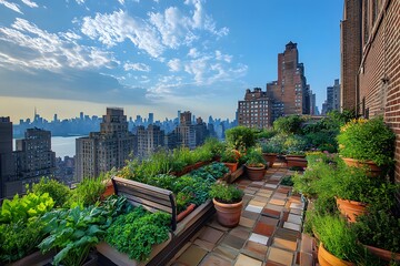 Urban rooftop garden with lush greenery, vibrant plants in terracotta pots, overlooking a city skyline under a clear blue sky, showcasing nature in an urban environment